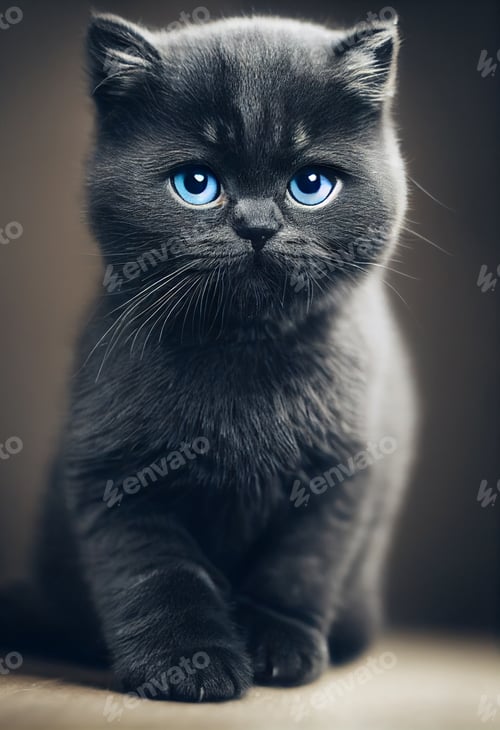 Preview: Tiny cute adorable black british shorthair kitten, with black background,studio lighting.pure breed