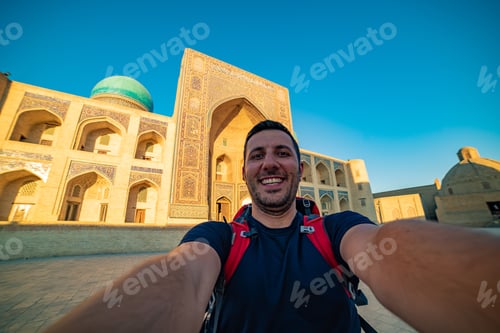 Preview: Happy Tourist Take Selfie Photo In Bukhara City, Traveling In Uzbekistan