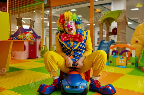 Preview: Overjoyed clown having fun riding toy car at playroom