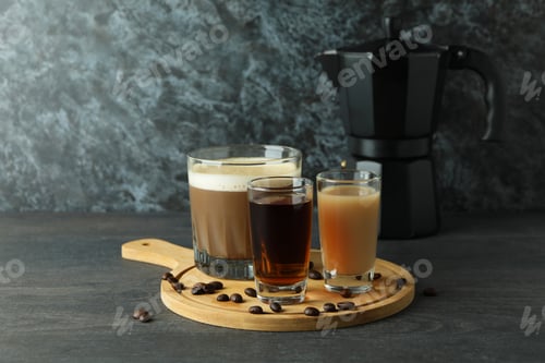Preview: Concept of making Irish coffee on dark wooden table