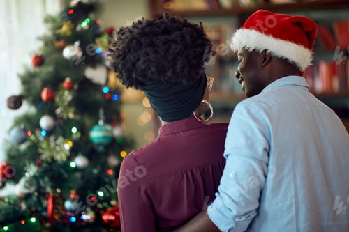 Preview: Rear view of African American couple enjoying on Christmas day at home.
