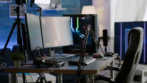 Preview: Empty streaming studio with RGB led lights powerful personal computer