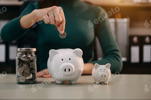 Preview: woman hand coins with piggy bank. business finance saving concept.