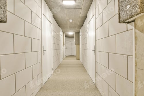 Preview: a long hallway with white tiled walls and doors