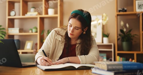Preview: Student, writing and notebook with girl in home office for research, college thesis and online port