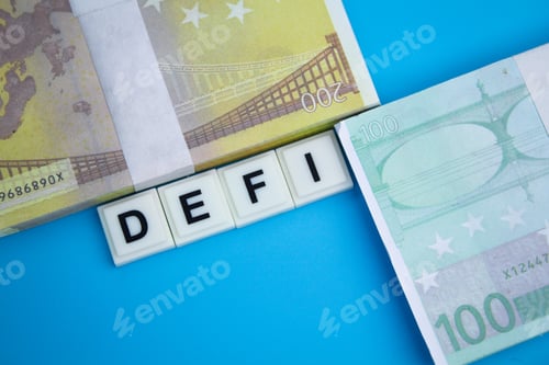 Preview: euro and dollar money with the word Defi. the concept of decentralized finance.