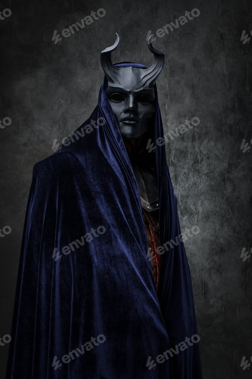 Preview: Evil cultist with dark cloak against dark background