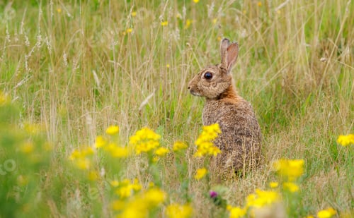 Preview: Rabbit surrounded by yellow flowers in grass