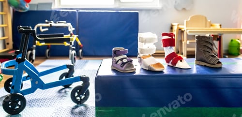 Preview: Supportive footwear and mobility aids are organized for children's physical rehabilitation