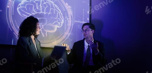 Preview: Business team discussing and using technology artificial intelligence with digital Ai assistant.