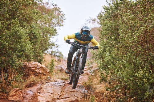 Preview: Fitness, sports and man cycling in nature on a bicycle for training, workout and exercise outdoors
