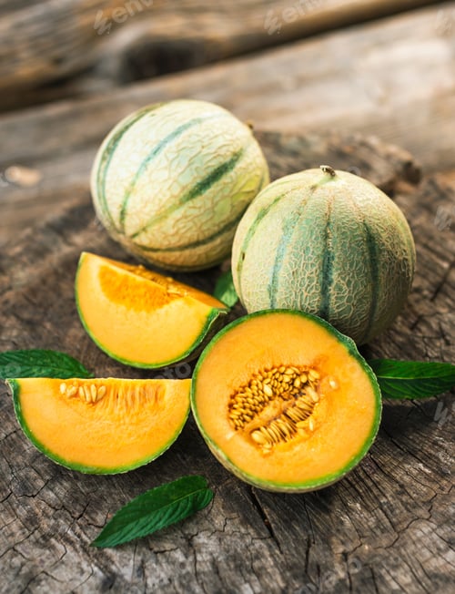 Preview: Fresh melons on wooden table