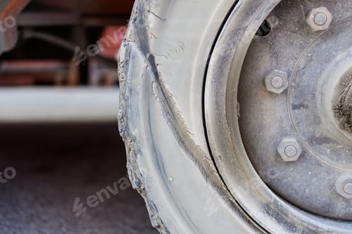 Preview: Close up of tire sidewall with damage, Car tire damage at container yard
