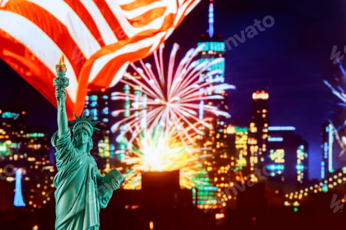 Preview: Manhattan by night with Liberty Statue at Night, New York City