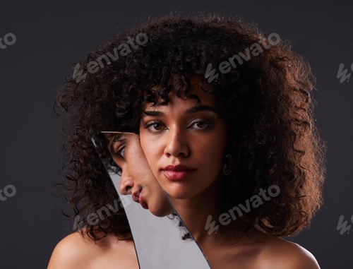 Preview: Woman, beauty and face with mirror and reflection, aesthetic with art and portrait on dark studio b