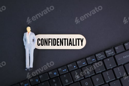 Preview: laptop keyboard and miniature people with the word confidentiality.