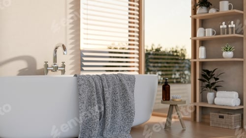 Preview: White bathtub and towel with body wash and brush on stool chair near wooden shelf in modern bathroom