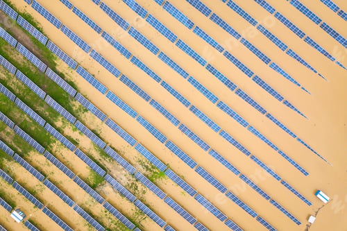 Preview: Aerial view of flooded solar power station with dirty river water in rain season
