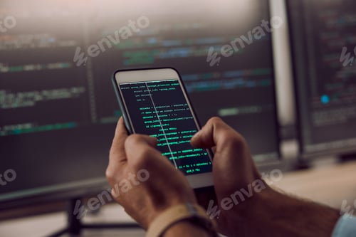 Vista previa: Coding, smartphone in hands and man, programmer and computer software update, information technolog