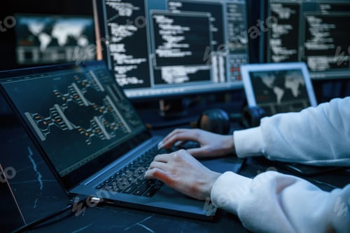 Preview: Side close up view of female hacker hands, typing on keyboard