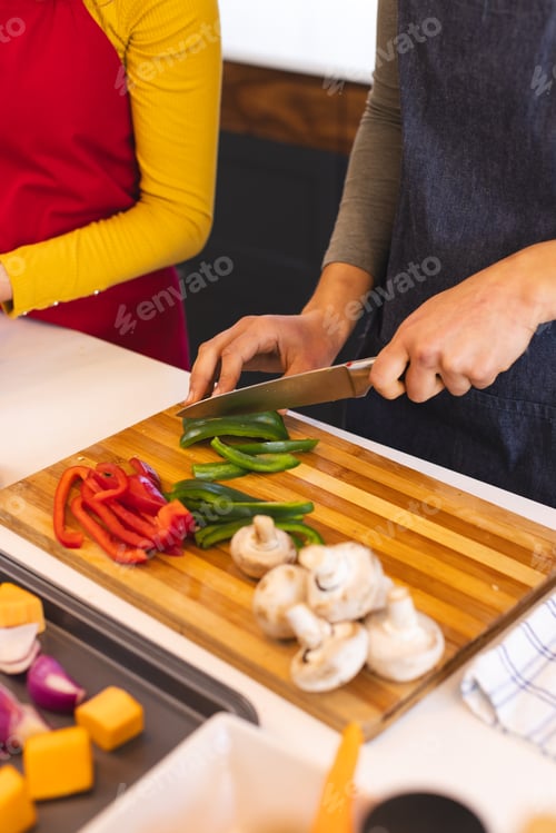 Preview: Midsection of biracial lesbian couple cooking, chopping vegetables in kitchen, copy space