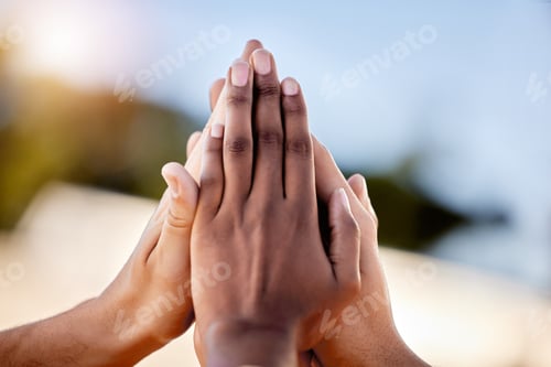 Preview: Hands, group and people high five for support, solidarity and teamwork of success, agreement and tr