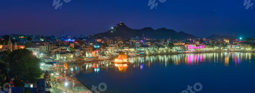 Preview: View of famous indian sacred holy city Pushkar with Pushkar ghats. Rajasthan, India. Horizontal pan