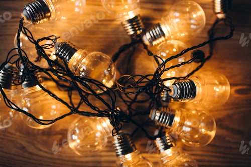 Preview: Lightbulb shaped Christmas lights frame. Flat lay, top view
