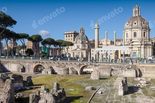 Preview: Trajans column. Ancient Rome cityscape landmark. Roman forum monument. Italy