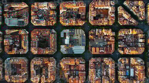 Preview: Barcelona city skyline, aerial view. Eixample residential district at sunrise. Catalonia, Spain