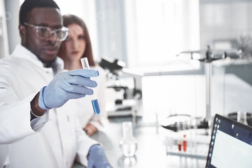 Preview: Laboratory laboratories conduct experiments in a chemical laboratory in transparent flasks. Output
