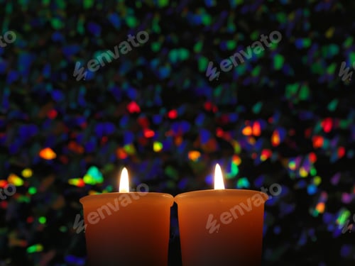 Preview: Two Burning Candles With Holographic Background - Photograph Of Two Burning Candles With A Multi
