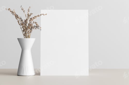 Preview: White invitation card mockup with a lavender on the beige table. 5x7 ratio, similar to A6, A5.
