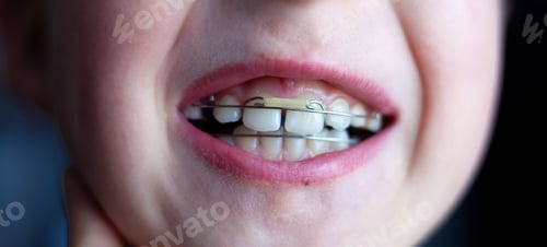 Preview: Orthodontist plates on children's teeth. Bite alignment. Orthodontic plate on the upper jaw