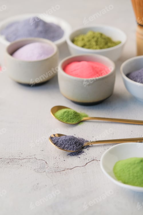 Preview: assortment of various powder matcha tea