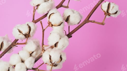 Preview: White Cotton branch on pink color background Flat lay Top view.