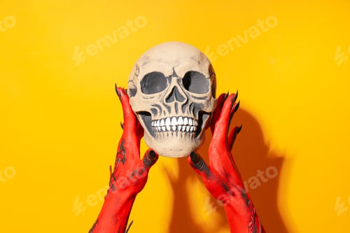 Preview: Creepy, red hands of the monster hold the skull