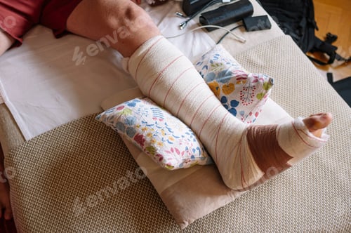Preview: Fractured foot with a bandage made by a doctor.
