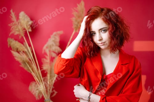 Preview: Fashionable young woman in a red suit. Red background.