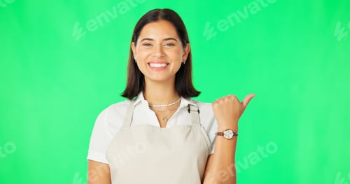Preview: Woman, happy and portrait on green screen while pointing finger at mockup space with apron. Profess