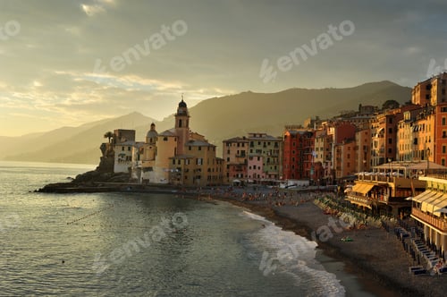 Preview: Colorful town Camogli, Liguria on the Mediterranean coast, sunset time