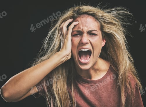 Preview: Face, mental health and screaming woman headache, anxiety or stress. Psychology, bipolar or crazy,