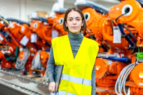 Preview: Portrait of a female engineer of robotic arm production factory