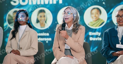 Preview: Business, summit and mature woman speaker talking, discussion and talking with audience with leader