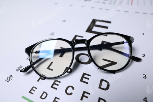 Preview: Glasses on vision test charts as background, closeup