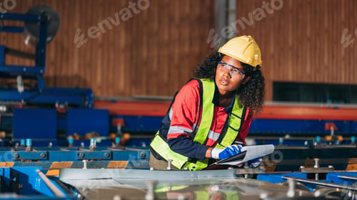 Preview: Industrial worker inspecting and check up machine at factory machines.