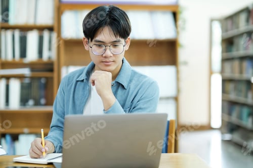 Preview: Young university student using laptop for online learning, searching and learning at library.