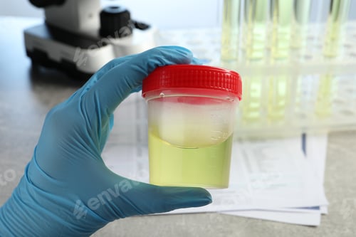 Preview: Doctor holding container with urine sample for analysis at grey table in laboratory, closeup