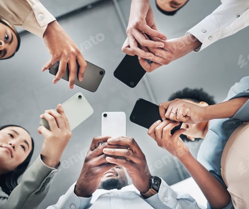 Preview: Phone, circle or business people networking on social media searching online news together in low a