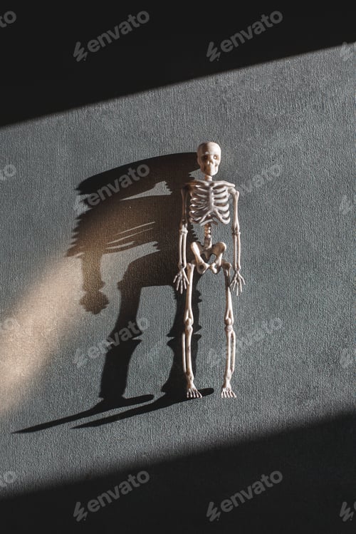 Preview: Toy skeleton over grey background, minimalistic Halloween concept, top view flat lay